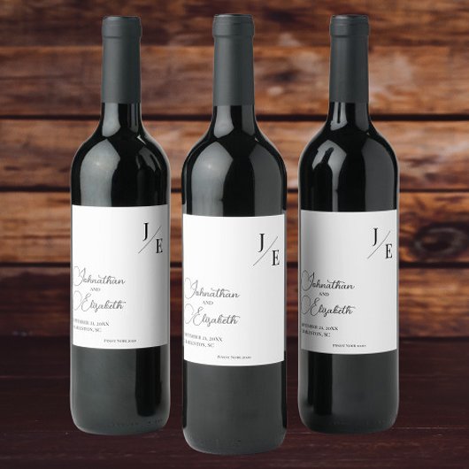 Minimalistische Monogramm-Hochzeit | Weiß Weinetikett