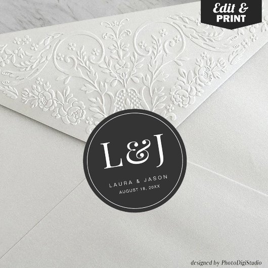 Minimalistische Monogramm-Hochzeitsticker für Zeit Runder Aufkleber