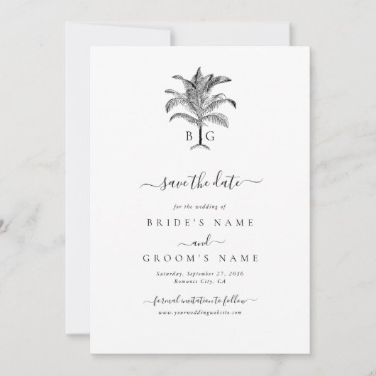 Minimalistische Monographie-Palm-Tree Save The Date (Vorderseite)