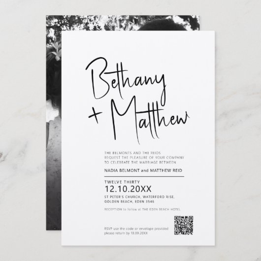 Minimalistische Monokalligraphie-Skript Hochzeit Q Einladung (Vorne/Hinten)