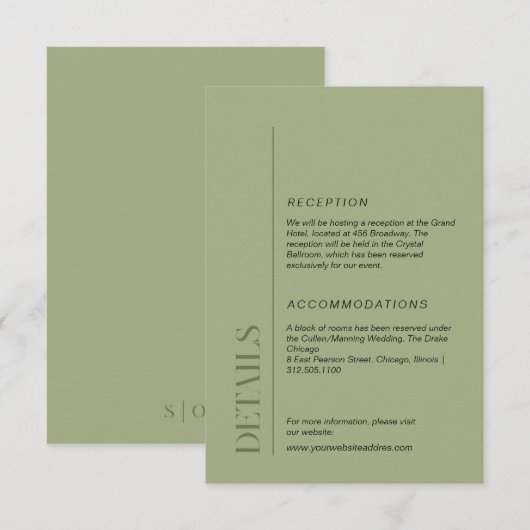 Minimalistische moosgrüne Hochzeitsinformationen Begleitkarte (Vorne/Hinten)