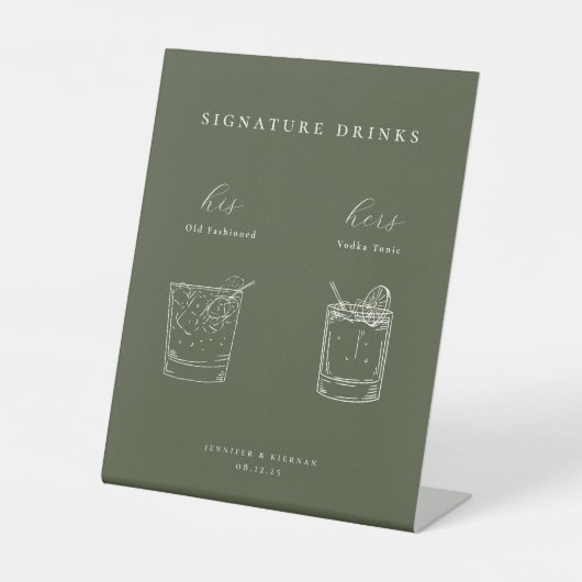 Minimalistische moosgrüne Hochzeitstiche Sockelschild (Vorderseite)