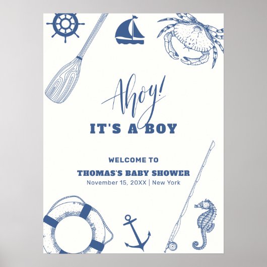 Minimalistische Nautic Fishing Baby Dusche Willkom Poster (Vorne)