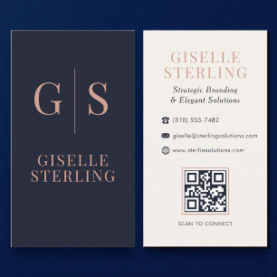 Minimalistische Navy-Blau und Roségold-QR-Code Vis Visitenkarte