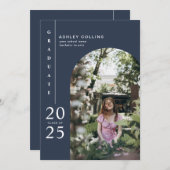Minimalistische Navy Blue Arch Foto Graduation Par Einladung (Vorne/Hinten)