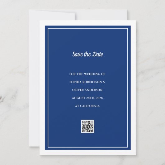 Minimalistische Navy Blue QR-Code Save the Date-Ka Date (Vorderseite)
