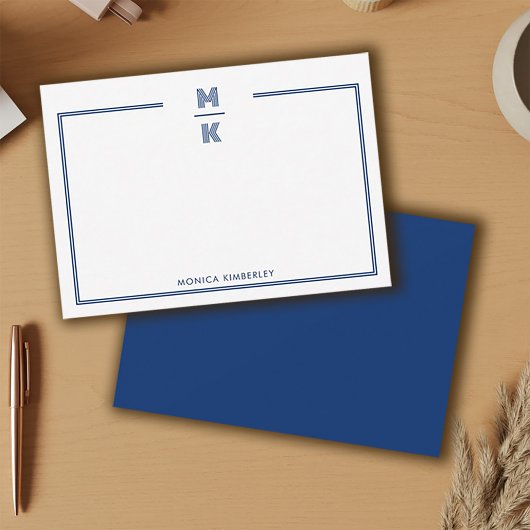 Minimalistische Navy Blue Two Border Monogram Note Mitteilungskarte