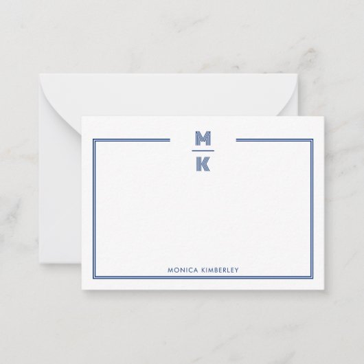 Minimalistische Navy Blue Two Border Monogram Note Mitteilungskarte (Vorderseite)