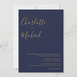 Minimalistische Navy-Blue- und Gold-Foto-Hochzeit Einladung