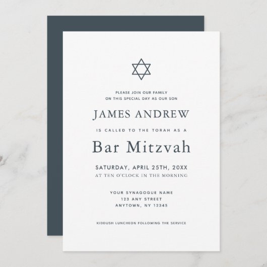 Minimalistische Navy Blue & White Bar Mitzvah Einladung (Vorne/Hinten)