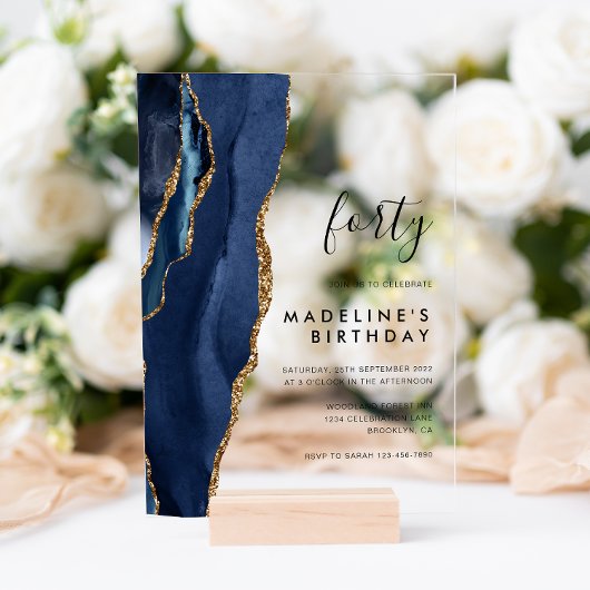 Minimalistische Navy Gold Agate Geode 40. Geburtst Acryleinladungen