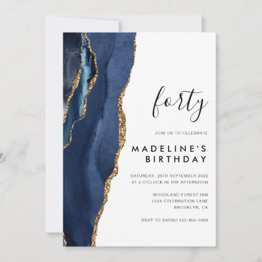 Minimalistische Navy Gold Agate Geode 40. Geburtst Einladung (Vorderseite)
