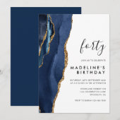 Minimalistische Navy Gold Agate Geode 40. Geburtst Einladung (Vorne/Hinten)