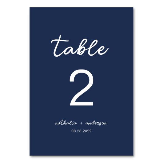 Minimalistische Navy-Script-Hochzeit Tischnummer (Vorderseite)