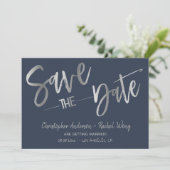 Minimalistische Navy-Silver-Folie Save the Date Einladung (Stehend Vorderseite)