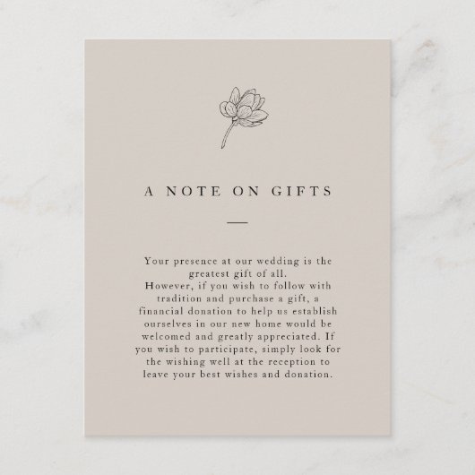 Minimalistische, neutrale Geschenke mit Blumenmoti Begleitkarte (Vorderseite)