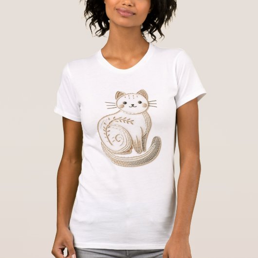 Minimalistische neutrale Kitty Boho bestickte Katz T-Shirt (Vorderseite)