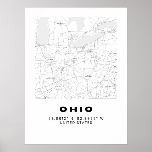 Minimalistische Ohio Karte - Schwarzweiß Poster (Vorne)