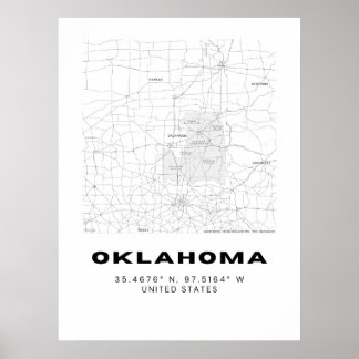 Minimalistische Oklahoma Karte Kunst - Schwarz/Wei Poster