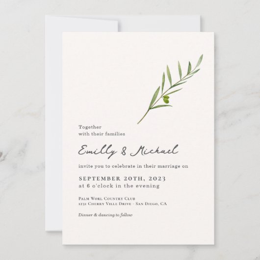 Minimalistische Olive Green Leaf Bran Wedding Einladung (Vorderseite)