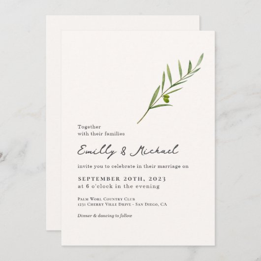 Minimalistische Olive Green Leaf Bran Wedding Einladung (Vorne/Hinten)