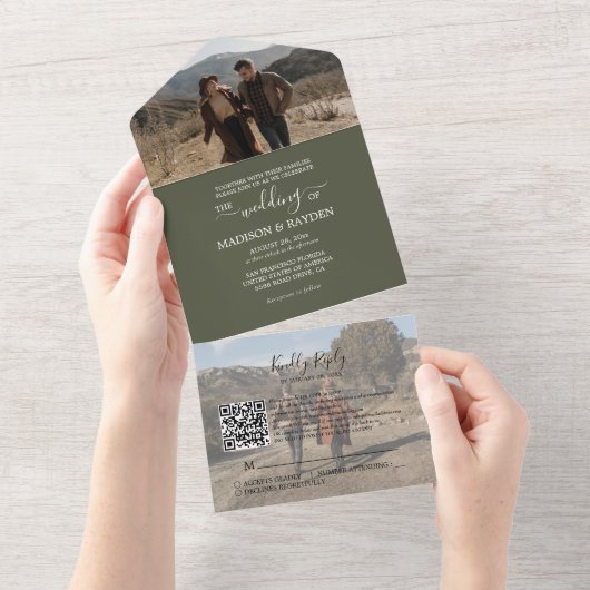 Minimalistische Olive Green QR Code UAWG Wedding All In One Einladung (Abreißen)