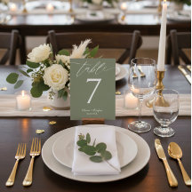 Minimalistische Oliven-grüne Hochzeit Tischnummer