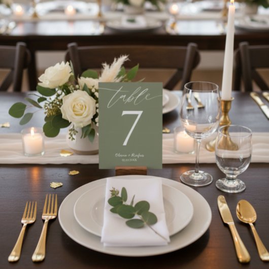 Minimalistische Oliven-grüne Hochzeit Tischnummer