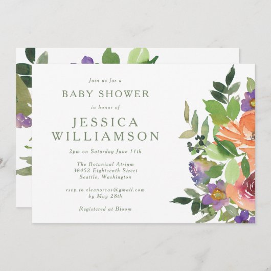 Minimalistische Orangefarbene Blütendusche Einladung (Vorne/Hinten)