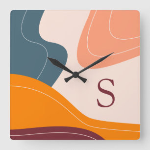 Minimalistische organische Formen Wellen Monogramm Quadratische Wanduhr