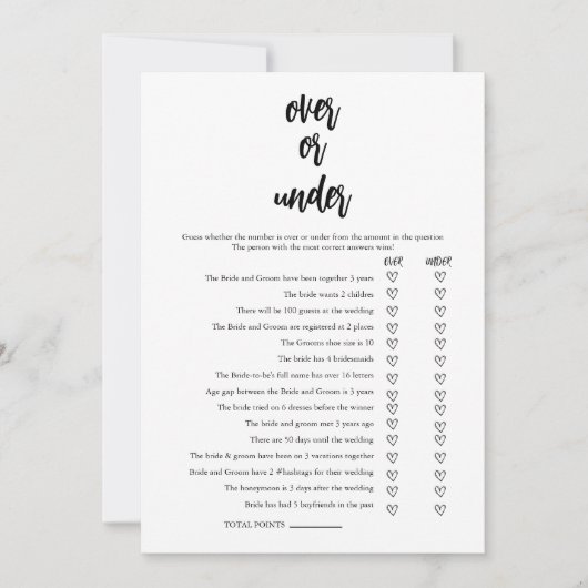 Minimalistische Over oder Under Brautparty Game Ca Einladung (Vorderseite)