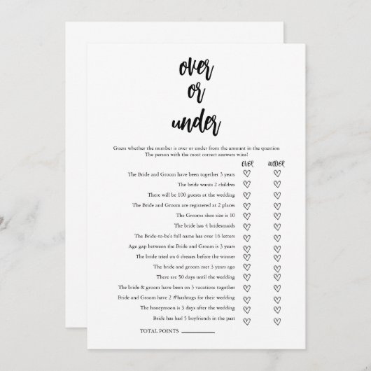 Minimalistische Over oder Under Brautparty Game Ca Einladung (Vorne/Hinten)
