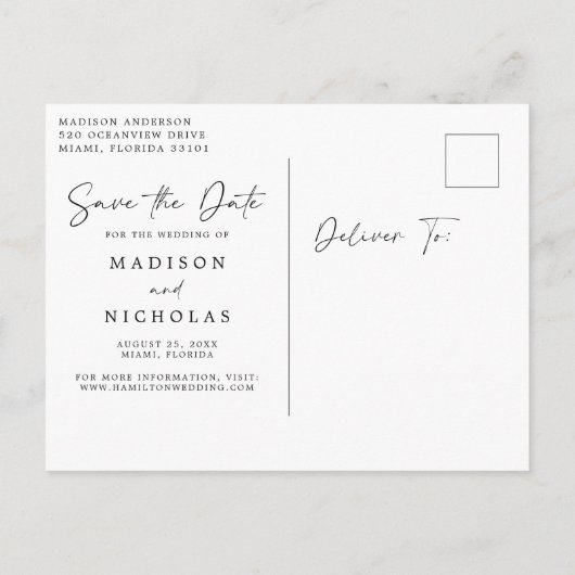 Minimalistische Palm Tree Hochzeit speichern Sie d Ankündigungspostkarte (Rückseite)