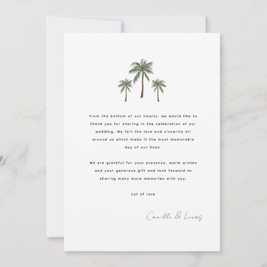 Minimalistische Palmen Hochzeit Danke Karte (Rückseite)