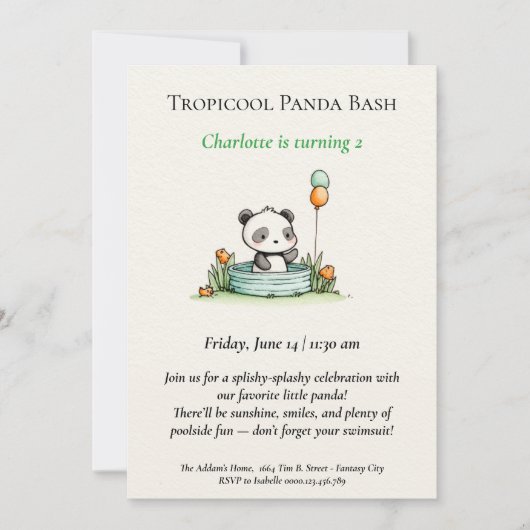 Minimalistische Panda Pool-Party Einladung (Vorderseite)