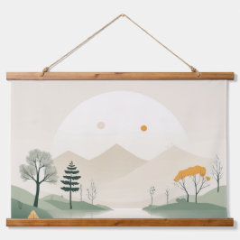 Minimalistische Pastell-Berglandschaft Serener See Wandteppich Mit Holzrahmen