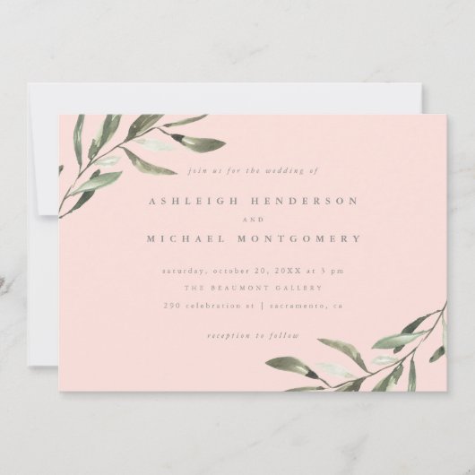 Minimalistische pastellfarbene, grüne Zweige Hochz Einladung (Vorderseite)