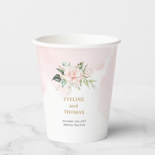 Minimalistische Pastellrosen Rosen Goldgrün Hochze Pappbecher (Vorderseite)