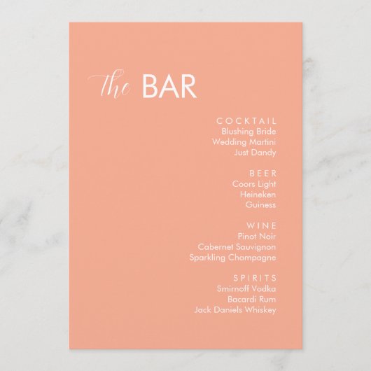 Minimalistische Peach Wedding Drinks Bar Menükarte (Vorderseite)