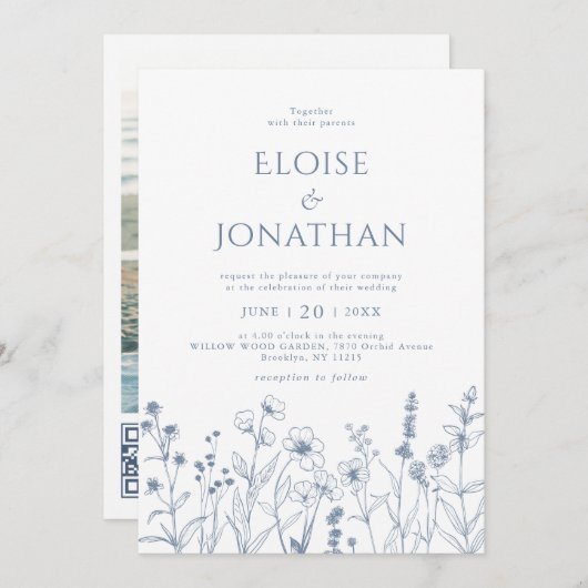 Minimalistische Periwinkle Wildblume QR Code Hochz Einladung (Vorne/Hinten)