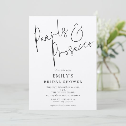 Minimalistische Perlen und Prosecco-Brautparty Einladung (Stehend Vorderseite)