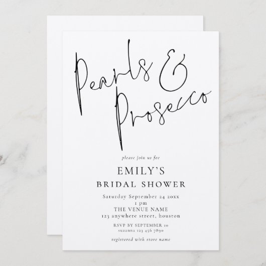 Minimalistische Perlen und Prosecco-Brautparty Einladung (Vorne/Hinten)