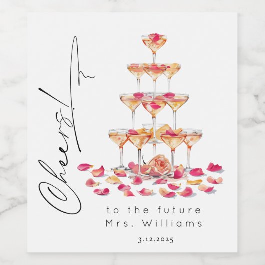 Minimalistische Petals und Prosecco Cheers Bridal Weinetikett (Einzelnes Label)