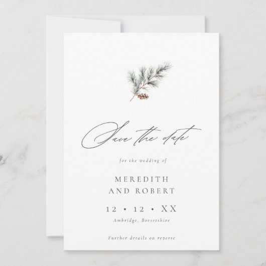 Minimalistische Pine Branch Winter Script Foto Hoc Save The Date (Vorderseite)