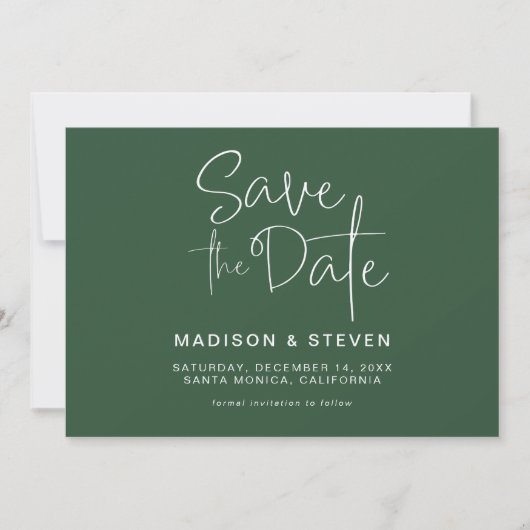 Minimalistische Pine Green Script Typografy Weddin Save The Date (Vorderseite)