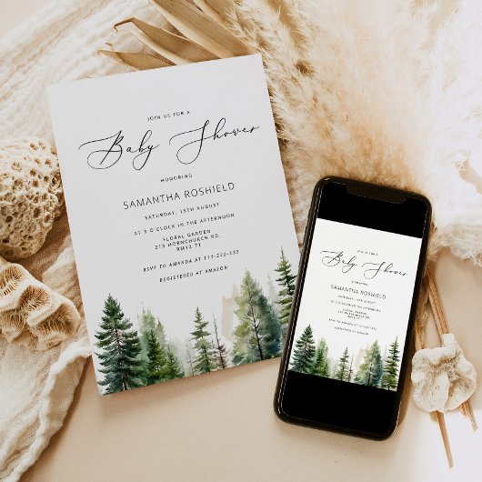 Minimalistische Pinienbäume Babydusche Einladung