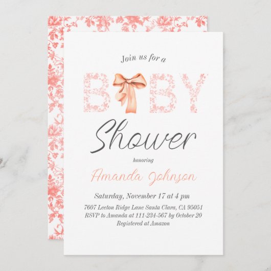 Minimalistische Pink Bow Toile Bloral Baby Dusche Einladung (Vorne/Hinten)