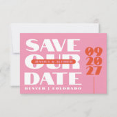 Minimalistische Pink Orange Retro-Script Hochzeits Save The Date (Vorderseite)