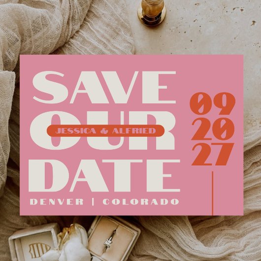 Minimalistische Pink Orange Retro-Script Hochzeits Save The Date