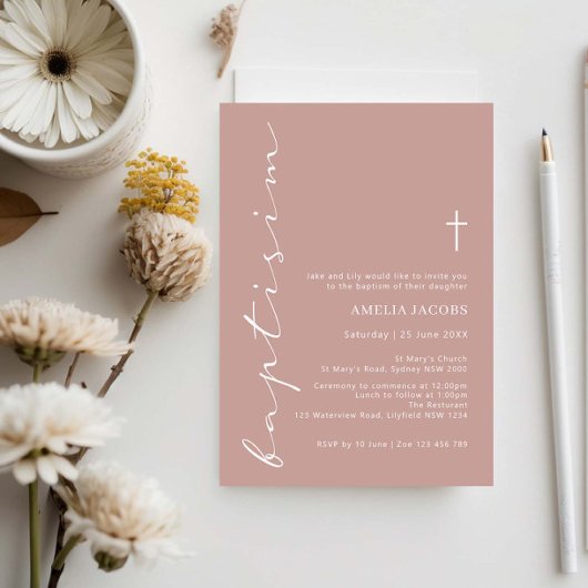 Minimalistische Pink Script Taufe Typografie Einladung